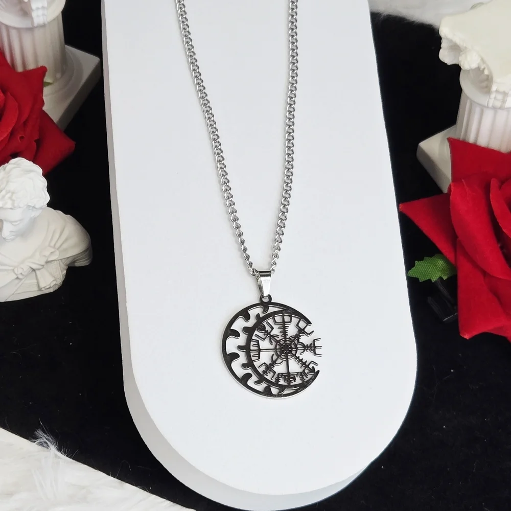Vegvisir Viking Compass Necklace Crescent Moon Norse Rune Amulet 24” Silver Gift